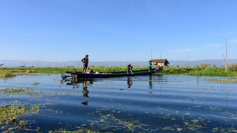 Long boat on a lake in Myanmar