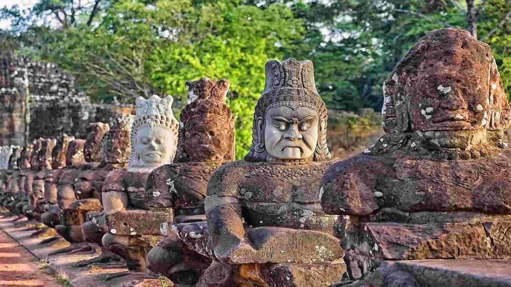 Lines of statues at Angkor Wat Temple Complex in Cambodia