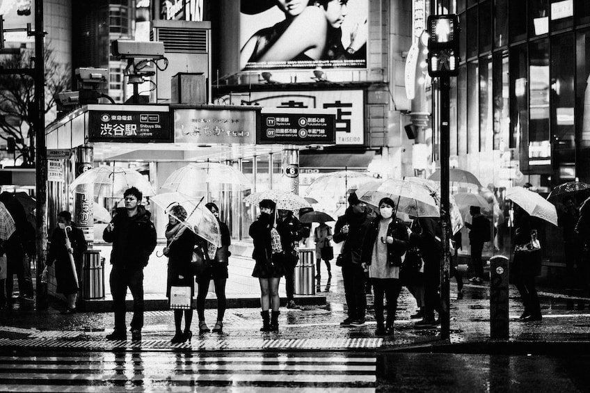 Black and white photo of a rainy day in Shibuya