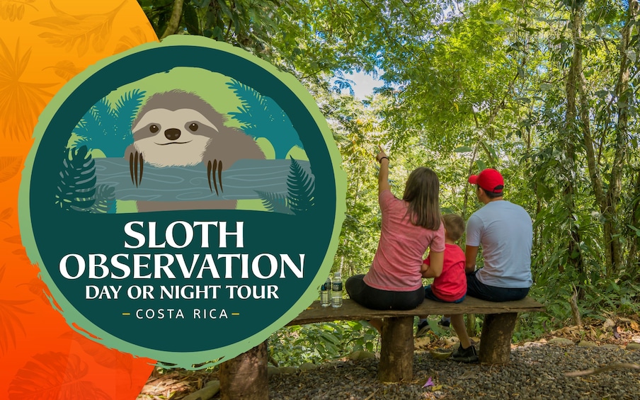 Family sits on bench in La Fortuna Forest with large sloth observation logo