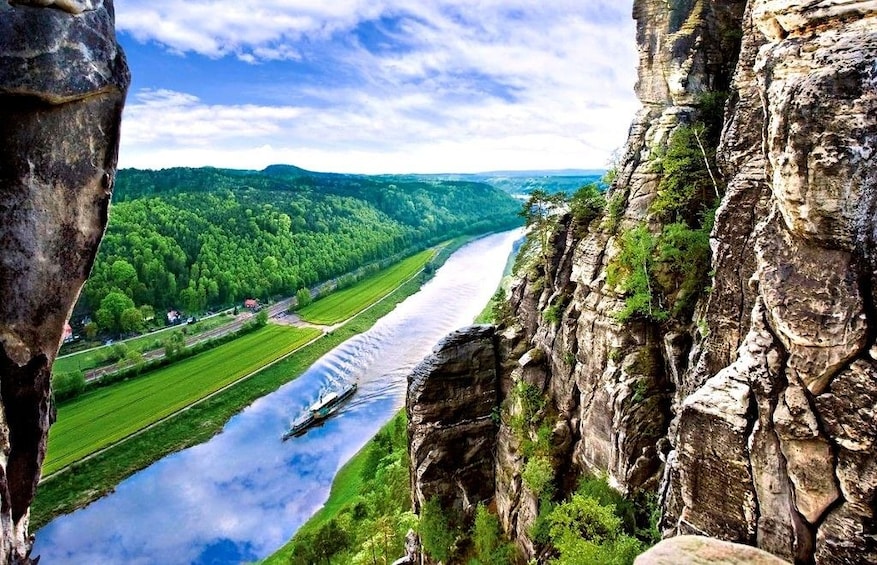 View of river below the rock pillars in Switzerland