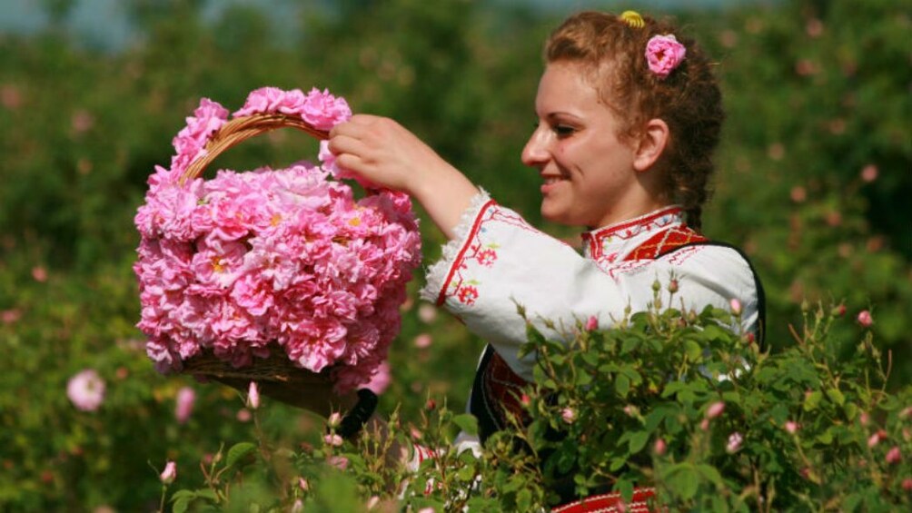 Woman enjoying Rose Valley in Koprivshtitsa