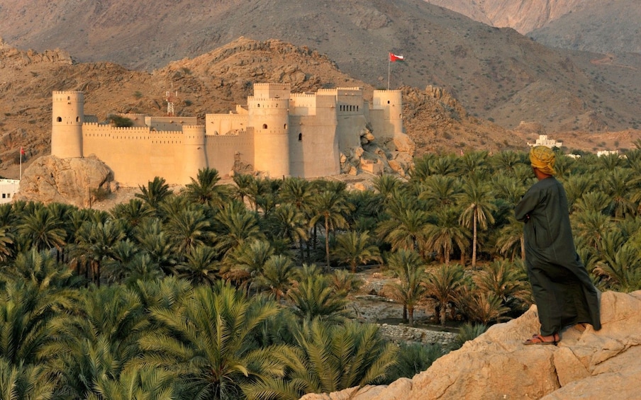 a man looks over a fort at the oasis of Nakhl