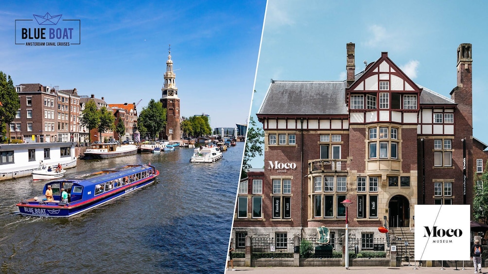 Split screen of blue boat in Amsterdam canal and exterior of Moco Museum