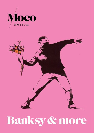 Moco Museum poster with Banksy image of man throwing bouquet of flowers