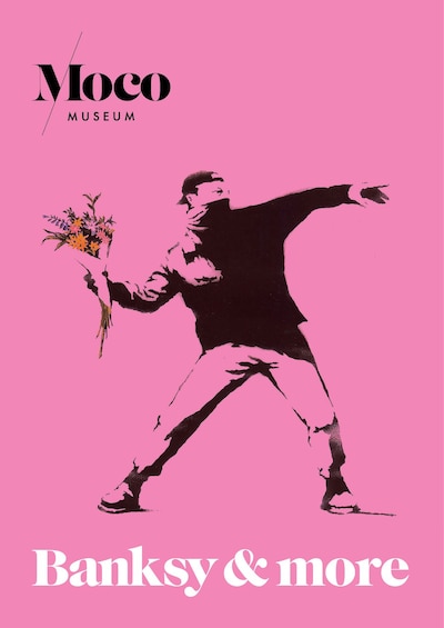 Moco Museum poster with Banksy image of man throwing bouquet of flowers