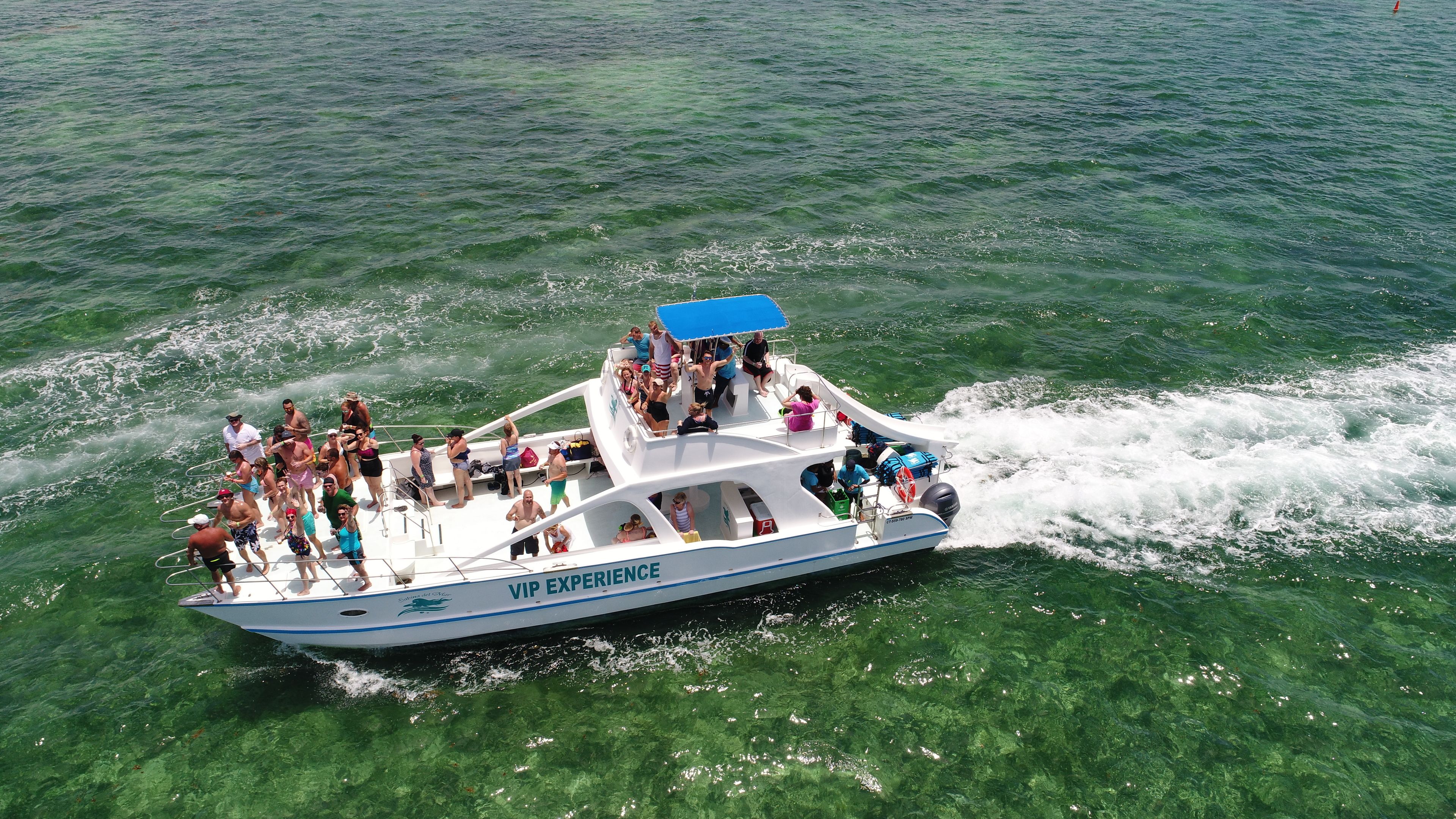 Image of Catamaran VIP Experience Tour with Slide: Aerial view of a group on a catamaran in Punta Cana

