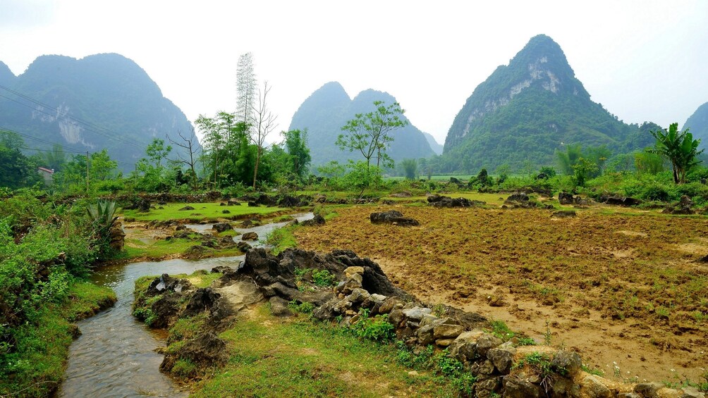 Vietnam landscape with stream, fields and mountains