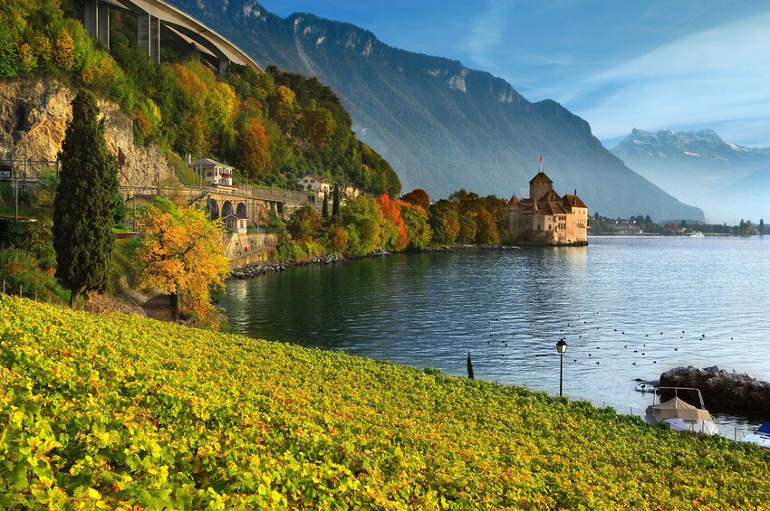 Day view of Chillon Castle in Veytaux, Switzerland