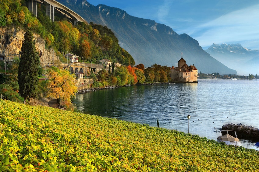 Day view of Chillon Castle in Veytaux, Switzerland