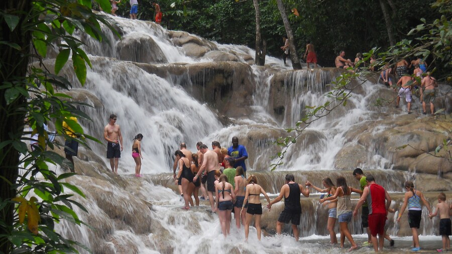 People climbing up Dunn's River Falls in Jamaica