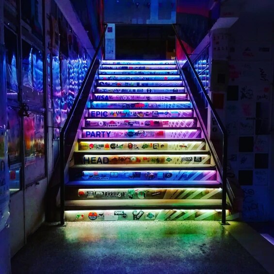 Stairs lit up in rainbow colors in Athen, Greece
