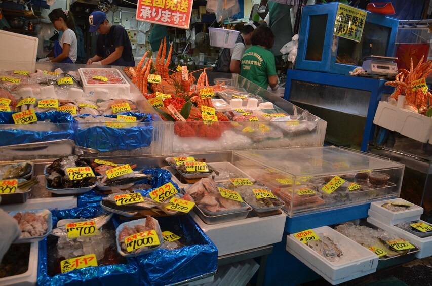 Seafood sold at a neighborhood market in Tsukiji