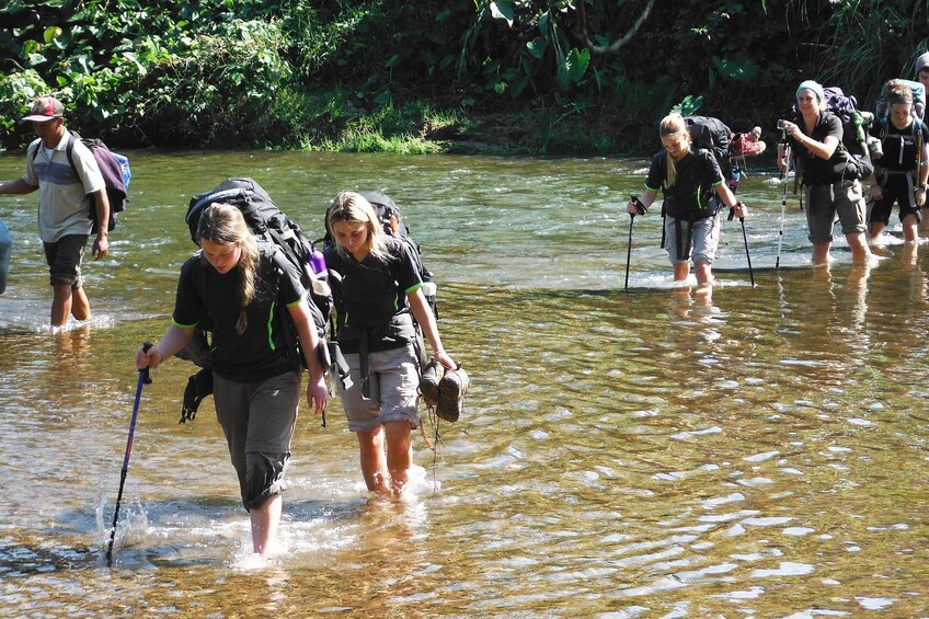 Tourists walk through river during Luang Nam Tha Trek in Laos