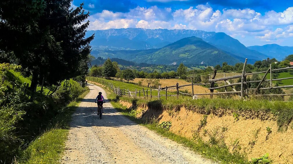 Bicyclist on a path with a view of the mountains in Brasov