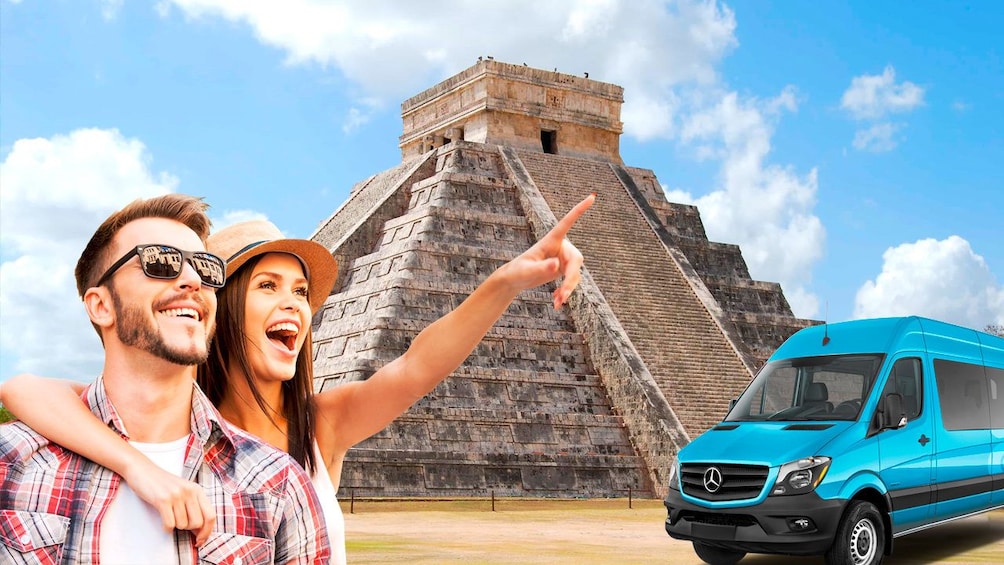 Composite image showing couple pointing, Chichen Itza in the background