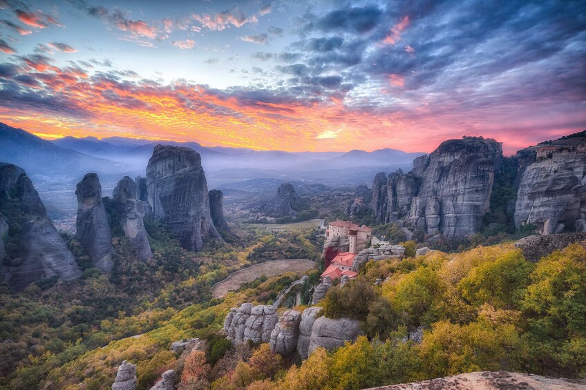 Sunset at the Monastery of the Holy Trinity, Meteora in Greece