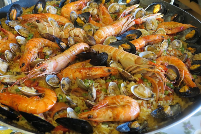 Closeup of finished paella in skillet