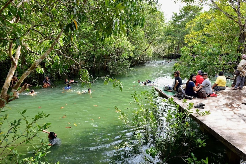 Group swimming the cool waters of Khao Sok River 