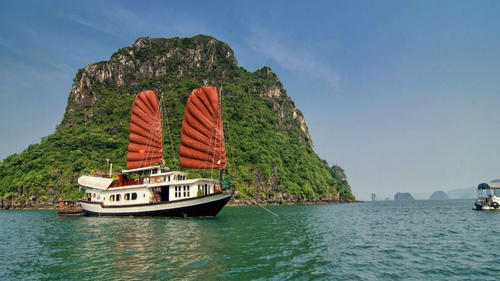 Large sailboats on Bai Tu Long Bay in Vietnam