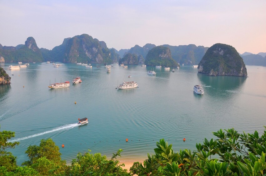 Panoramic view of islands and beach on Halong Bay