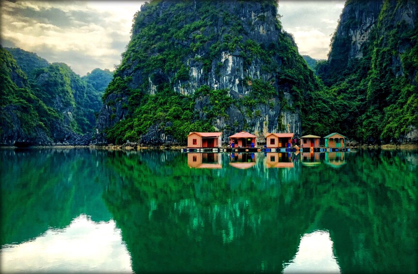 Floating homes in a bay in Vietnam
