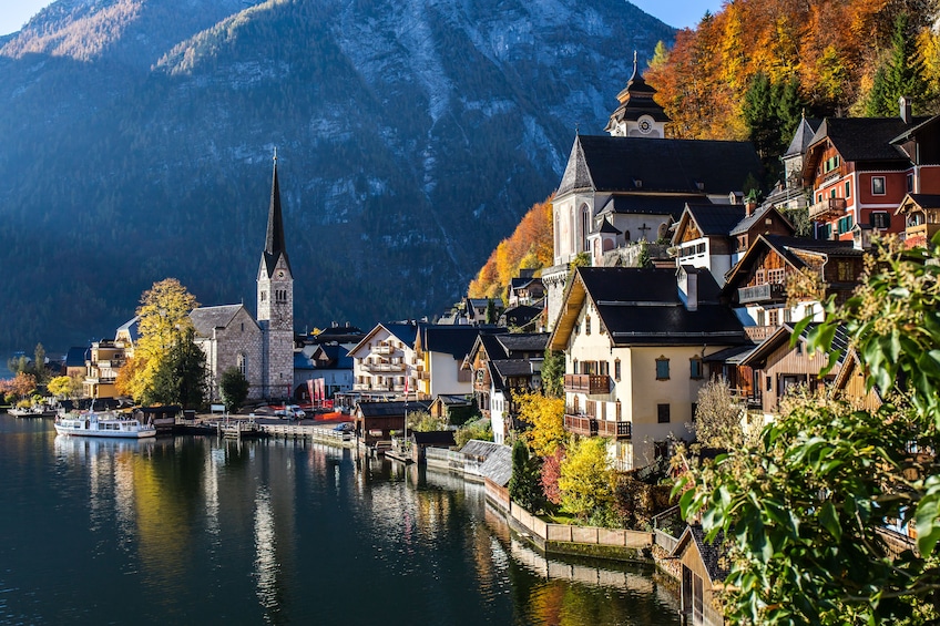 Buildings along the water in Bad Goisern, Austria 