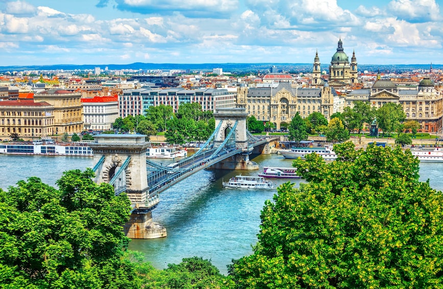 Chain bridge on Danube River in Budapest, Hungary