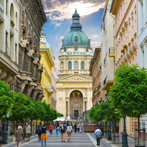Zrinyi Utca street and Saint Stephen`s Basilica in Budapest, Hungary