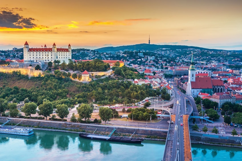 Aerial view of Bratislava over the River Danube at sunset