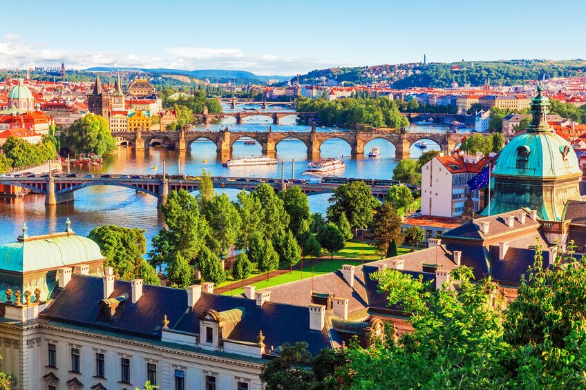 Aerial view of colorful Prague with Charles Bridge in the background