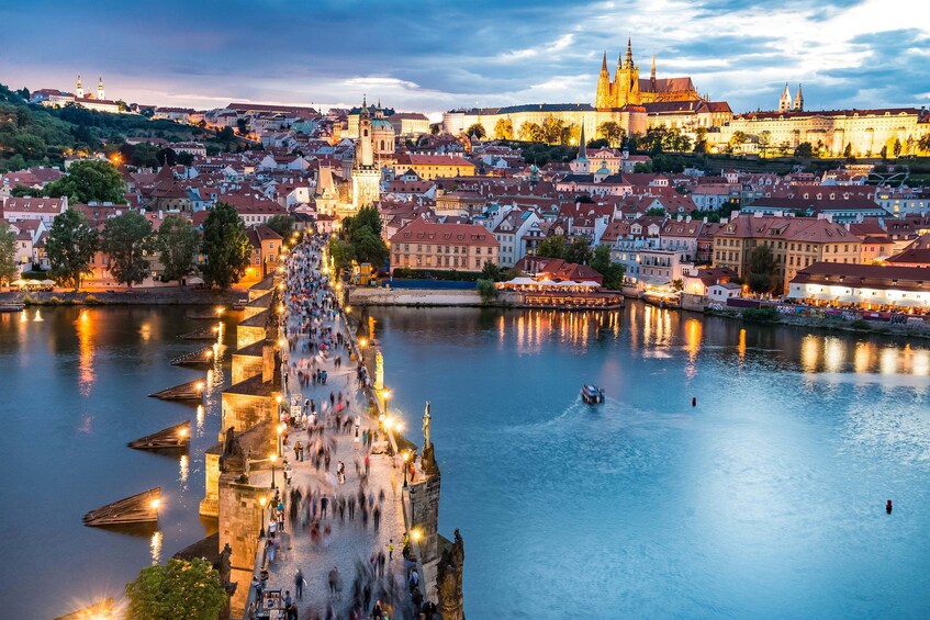 Aerial view of Prague lit up in the evening