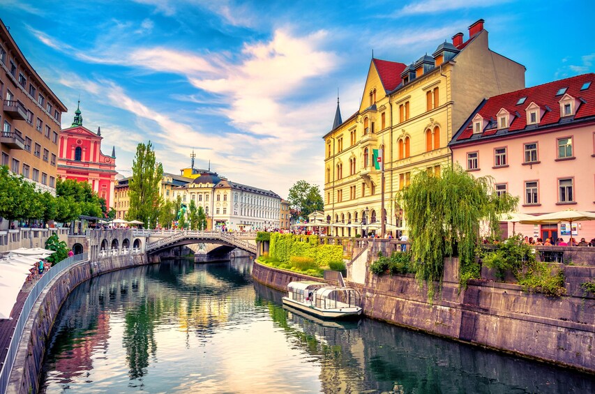 Ljubljanica River canal in Ljubljana Old Town on a sunny day