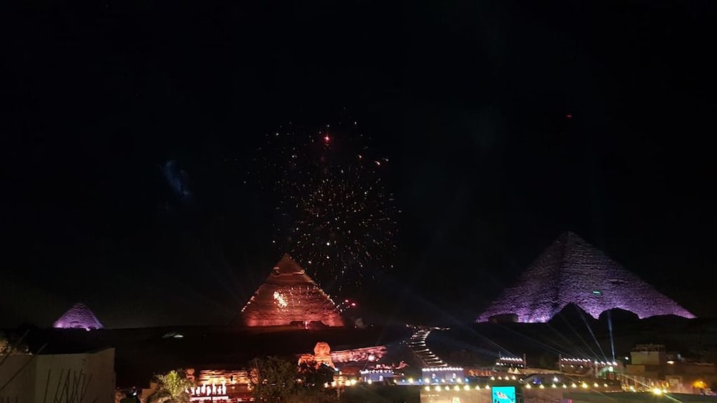 Pyramids lit up during the Sound and Light show