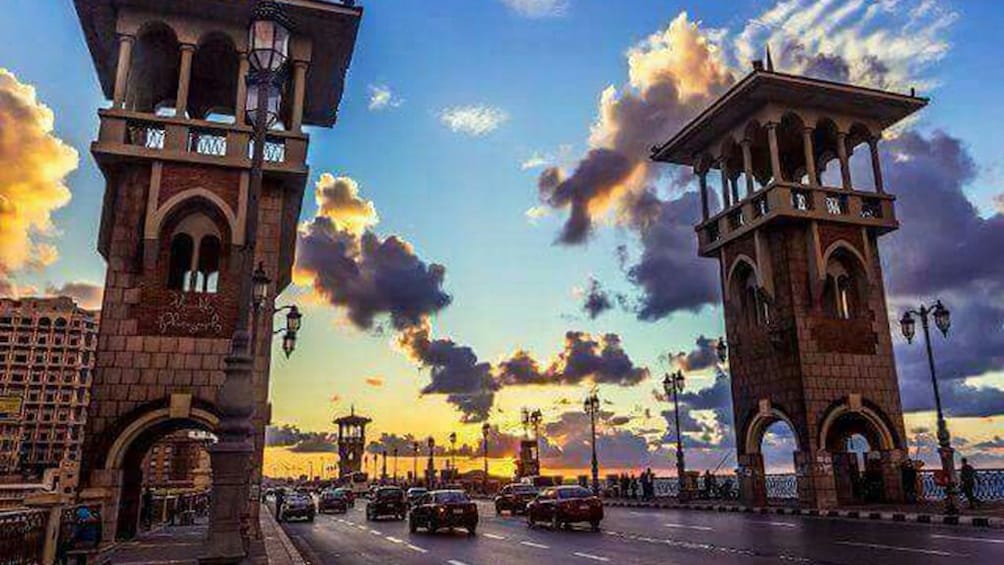 Pillars of Stanley Bridge at sunset in Alexandria, Egypt