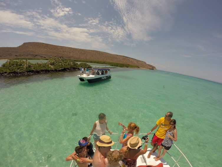 Aerial view from boat, turquoise water and Espiritu Santo Island