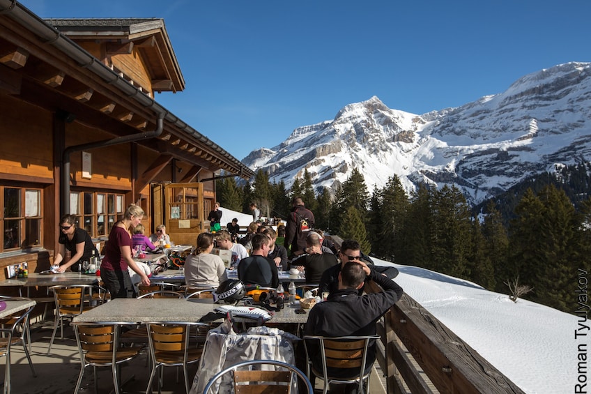 Les Mazots Restaurant overlooking the Swiss Alps