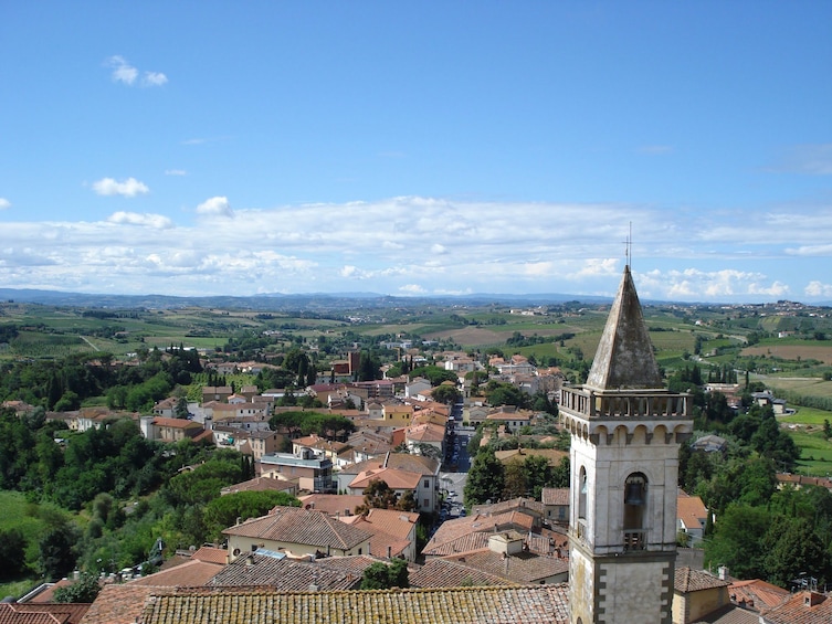 Panoramic view of Vinci, Italy with Santa Croce church in foreground