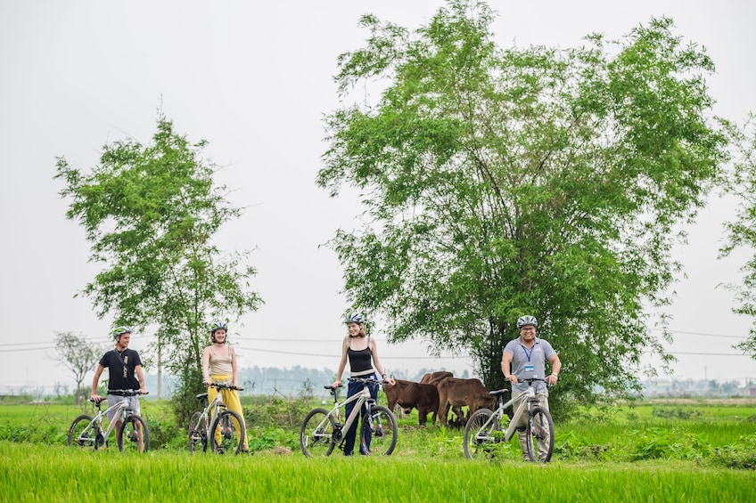 Tourists bike through lush landscape of Vietnam