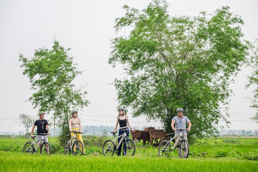 Tourists bicycle through lush landscape of Hanoi, Vietnam