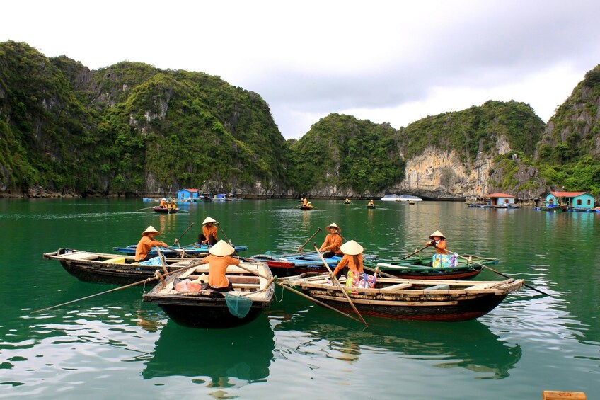 Bamboo boats meet in a circle on Halong Bay