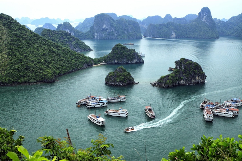 Aerial view of Halong Bay with cruise ships in foreground