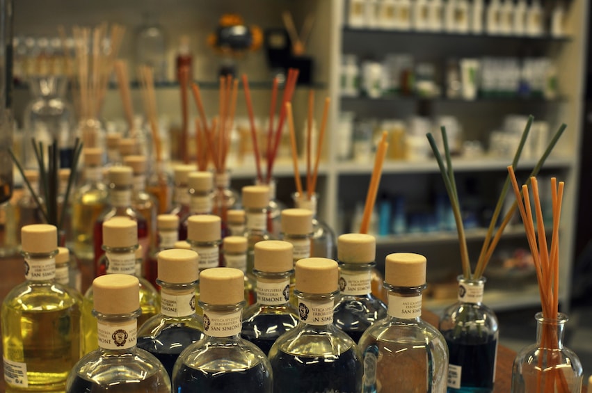 Closeup of bottles of perfume and incense in Florence, Italy