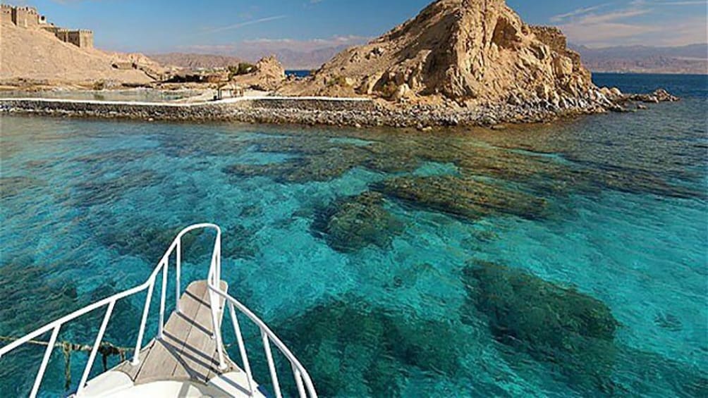 Boat approaches Pharaoh's Island in Egypt