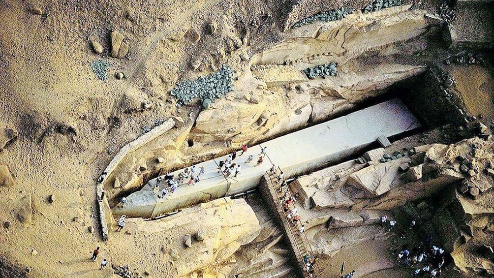 Aerial view of unfinished obelisk in ground of Aswan, Egypt