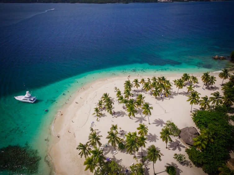Aerial view of white sand beach with boat in water in Dominican Republic