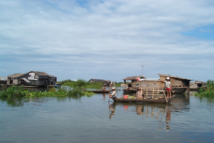 Boats and floating buildings on Tonle Sap Lake in Cambodia