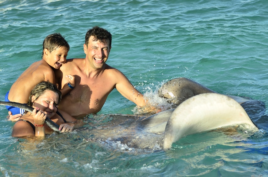 Father and kids pet stingray in Punta Cana