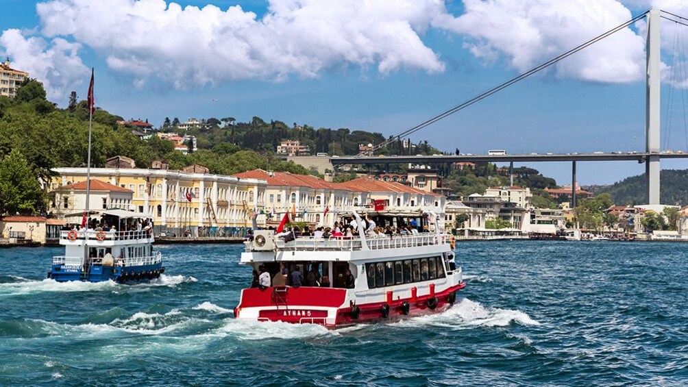 Boat approaches Bosphorus Bridge