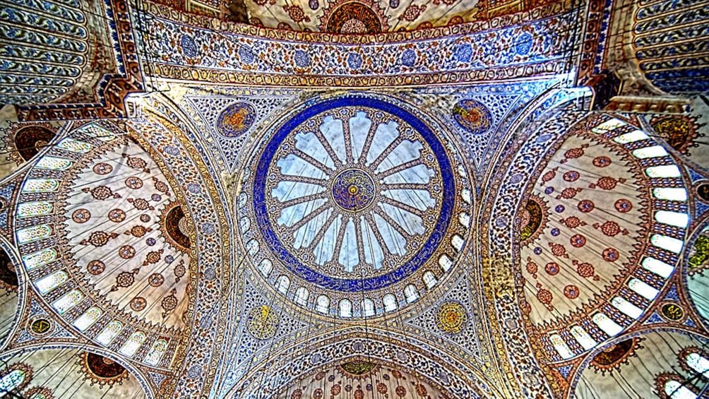 Intricate ceiling of the Blue Mosque in Istanbul
